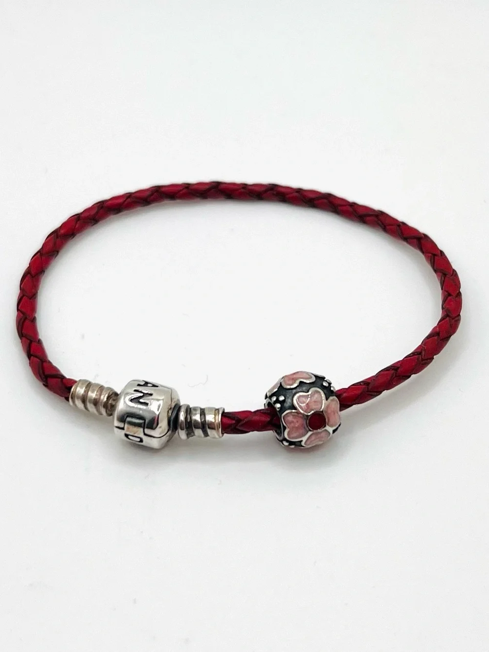 Pandora Moments Dark Pink Burgundy Braided Leather Bracelet w/Flower Bead